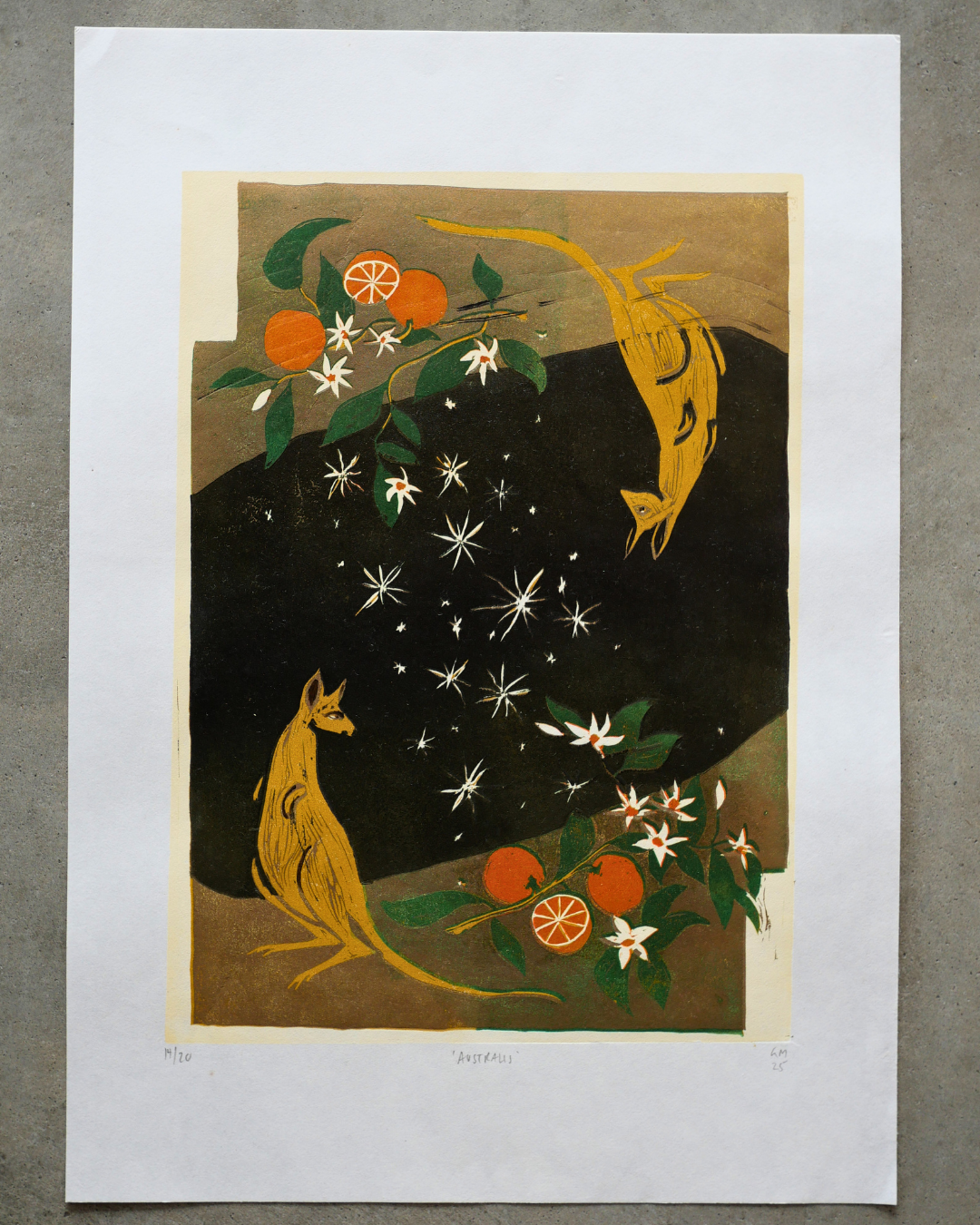 Limited linocut art print featuring kangaroos, oranges, and stars on a white background