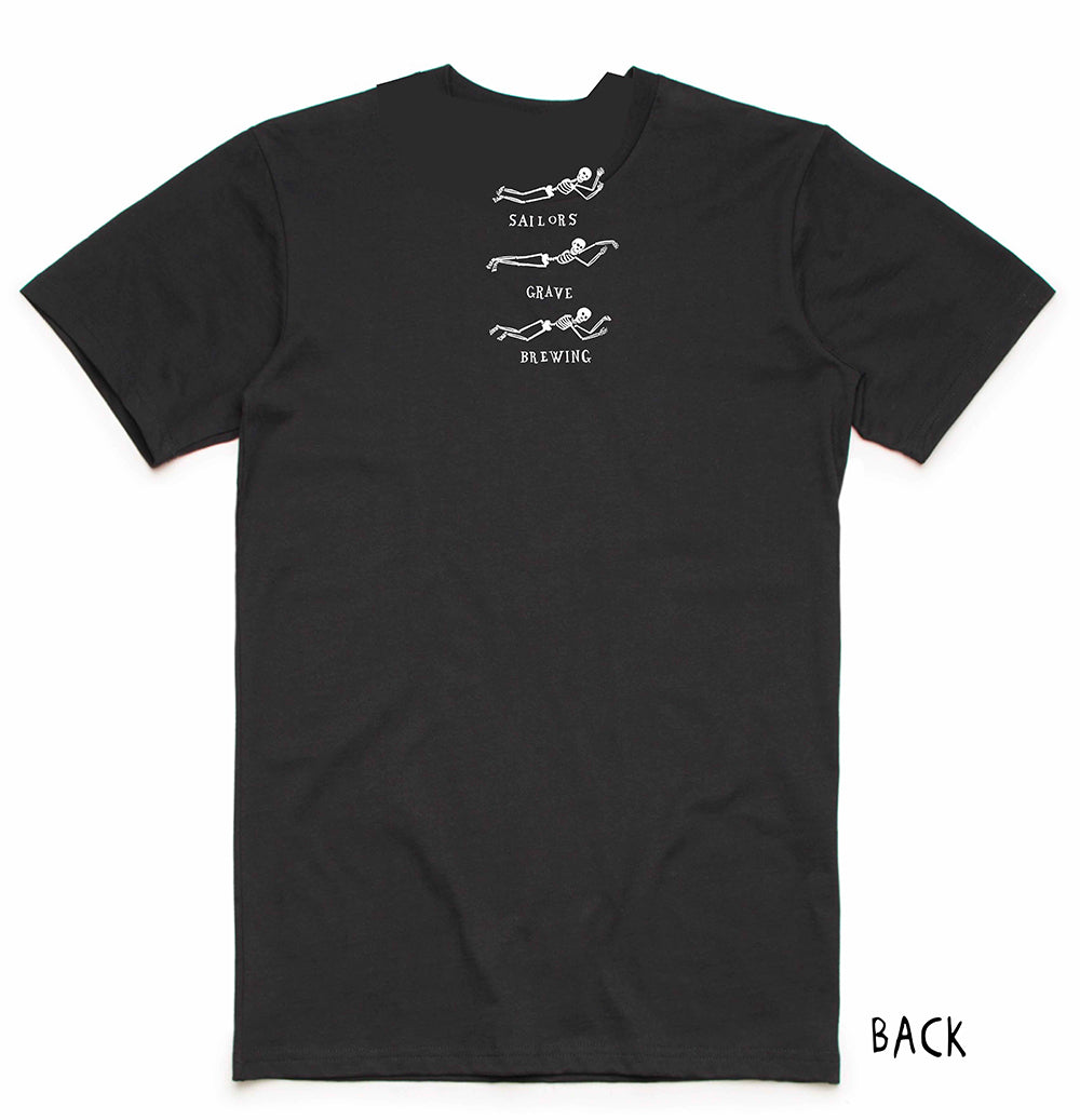 Back of Black Sailors Grave logo tee, with skeletons and text