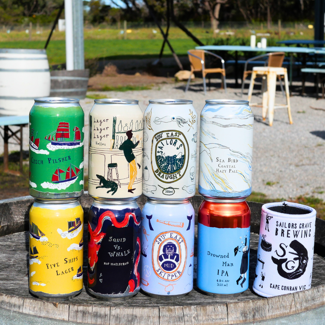 8 cans of Sailors Grave mixed beer pack for father's day 2026 on a barrel in Dunetown.