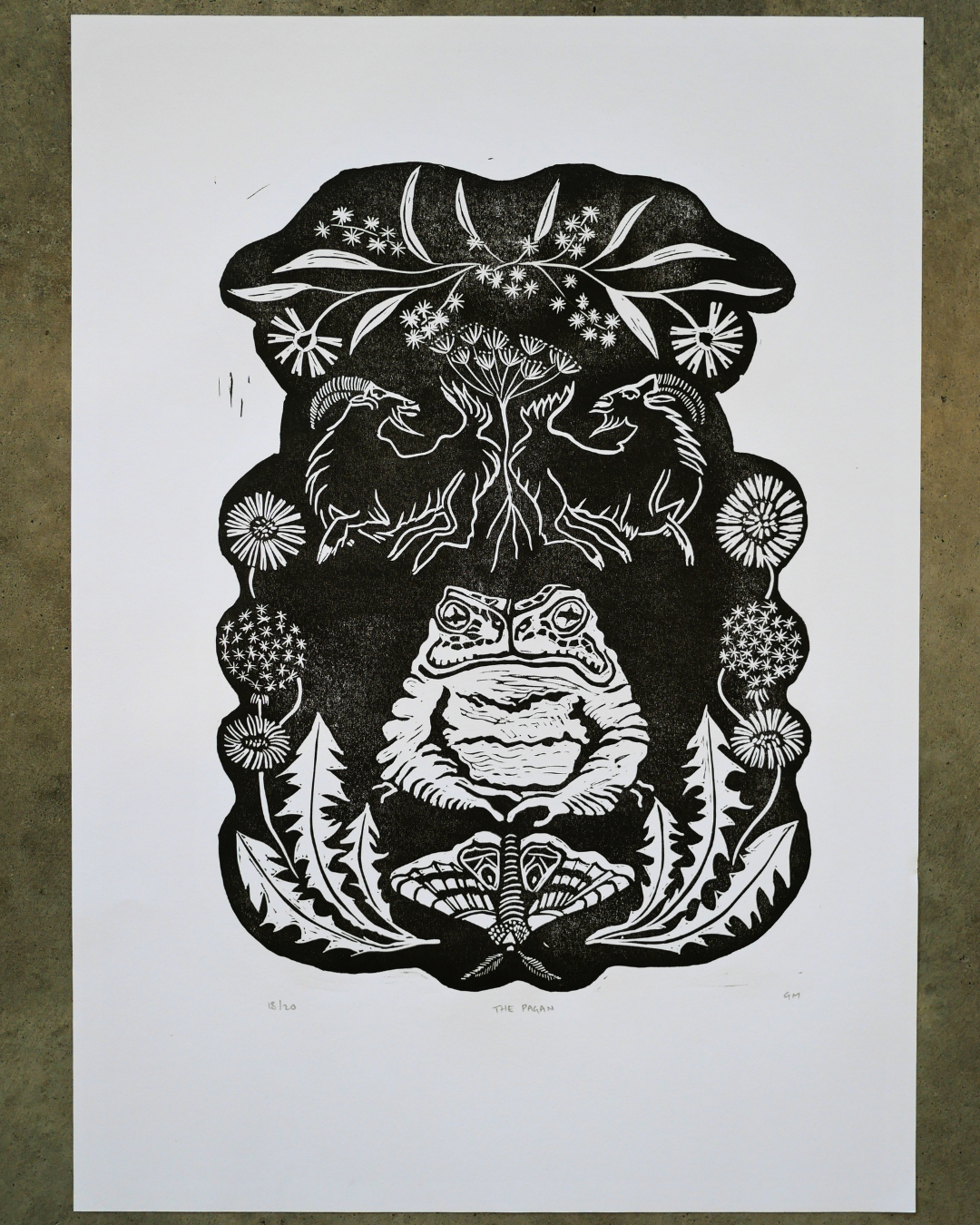 Black and white Linocut print of a frog surrounded by floral elements on a white background.