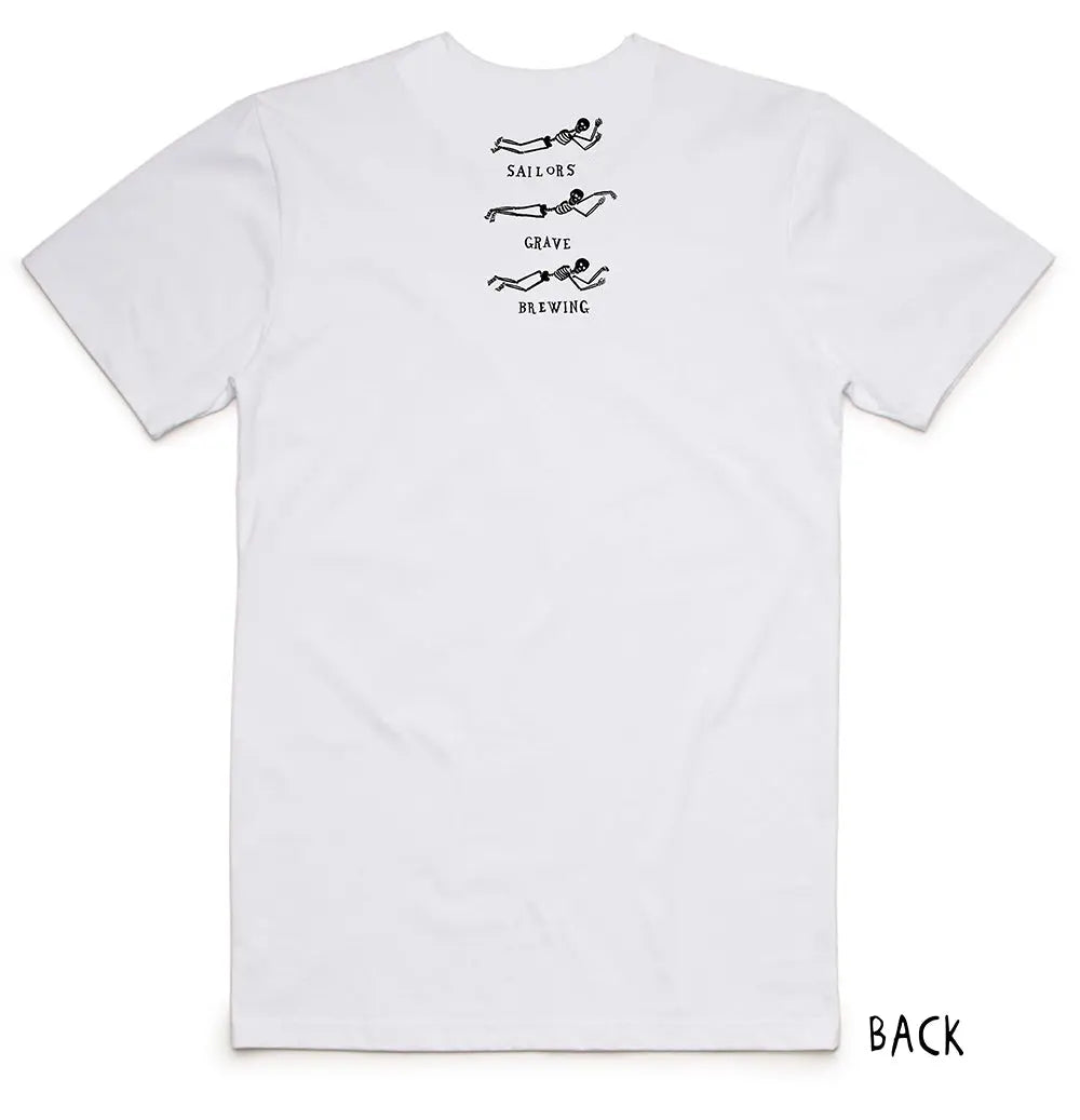 White t-shirt with black skeletons and Sailors Grave Brewing text on a white background