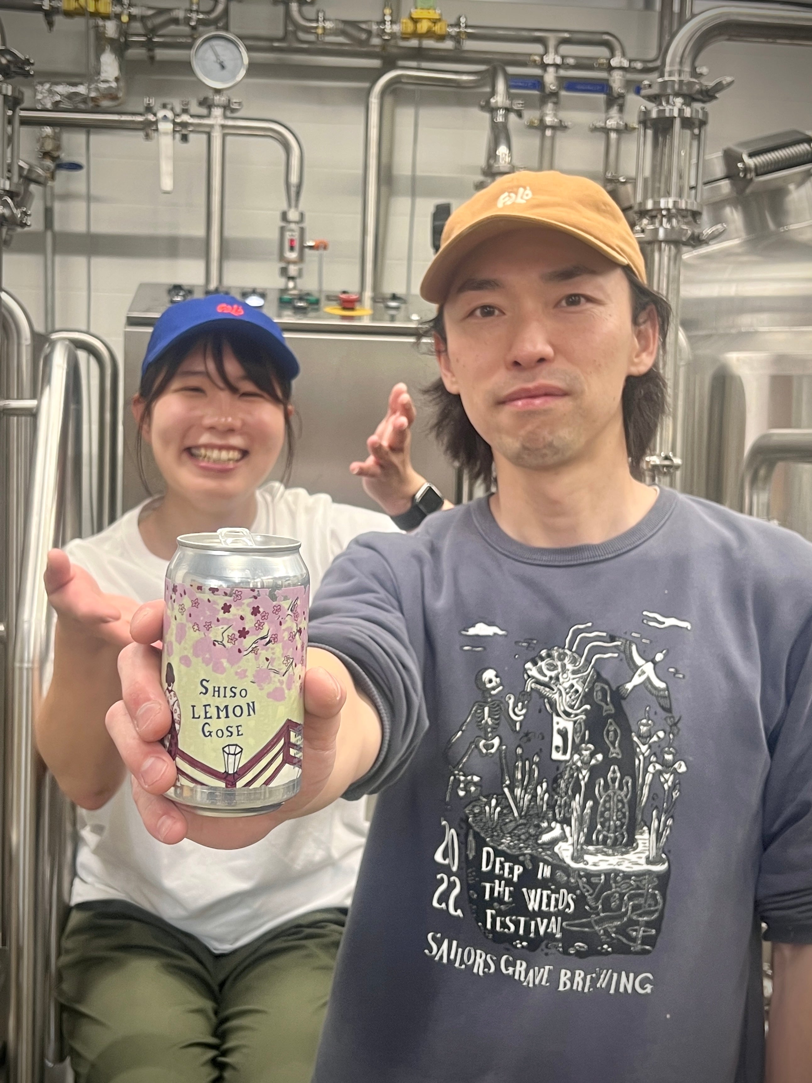 Falo Brewing Naru Handa holding a can of Shiso Lemon Gose 