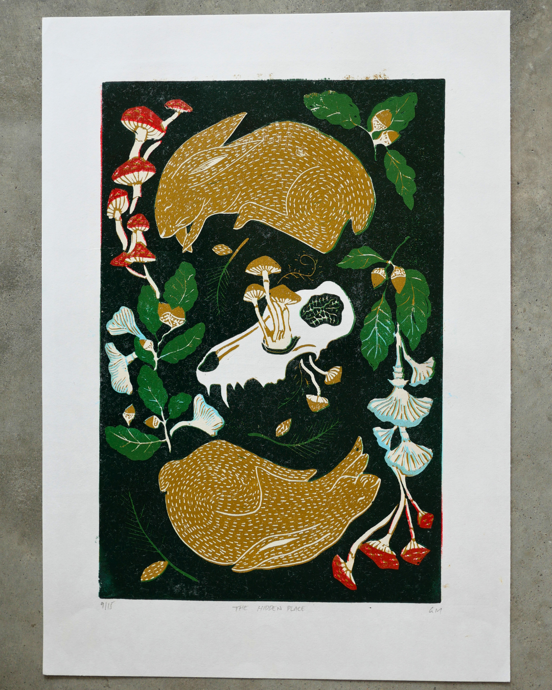 Limited linocut art print of The Hidden Place, with rabbits and nature elements on a dark background